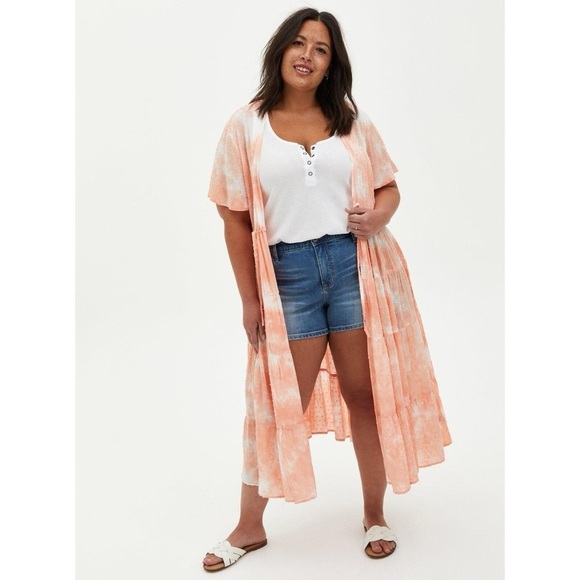 Torrid Peach Tie-Dye Clip - Dot Kimono Midi Cover - Picture 1 of 14